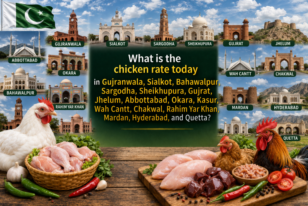 What is the chicken rate today in Gujranwala, Sialkot, Bahawalpur, Sargodha, Sheikhupura, Gujrat, Jhelum, Abbottabad, Okara, Kasur, Wah Cantt, Chakwal, Rahim Yar Khan, Mardan, Hyderabad, and Quetta