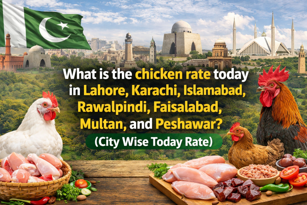 What is the chicken rate today in Lahore, Karachi, Islamabad, Rawalpindi, Faisalabad, Multan, and Peshawar (City Wise Today Rate)